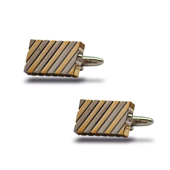Rectangle bullet back, fashion cufflink with silver gold diagonal stripes in Dubai for men inteded as a gift for men as a formal clothing assccesory